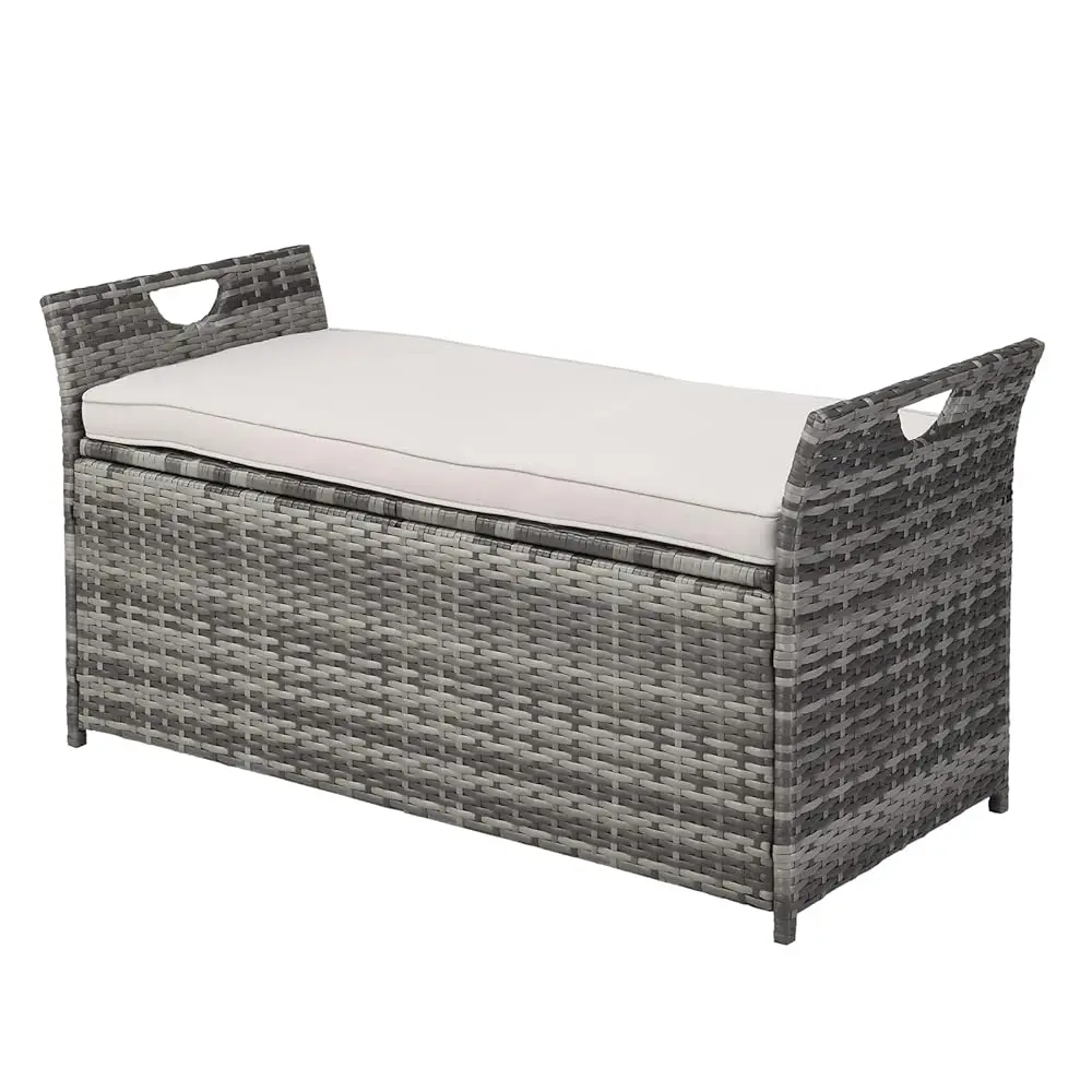 

40 Gallon Wicker Storage Bench, Patio Cushion Storage Box With Side Handles, Rattan De Box For Garden Tools, Cushions, Outdoor