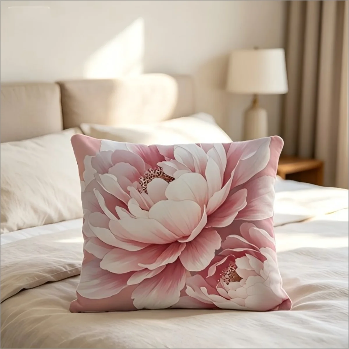 Soft Pink Peony Flower Throw Pillow Cover, 2D Effect Blooming Floral Print Decorative Cushion for Living Room Bedroom Sofa Couch