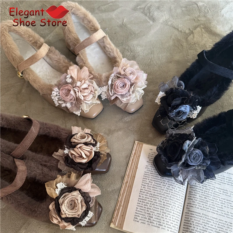 

Women's Plush Mary Jane Shoes Elegant Flower Patchwork Leather Strap Buckle Thick Heel Pumps Autumn Winter Party Lolita Shoes