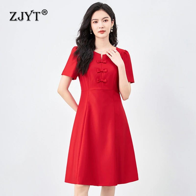 

ZJYT Elegant Bowknot Red Party Dress Summer 2024 Women Short Sleeve Solid Aline Knee Length Casual Daily Dresses Female Vestidos