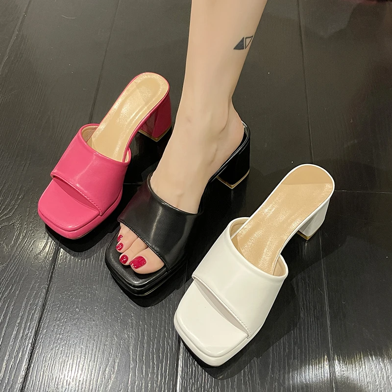 Shoes for Women 2023 Shallow Mouth Women\'s Slippers New Summer Solid Color Shoes Female High Heels Slippers Zapatillas Mujer