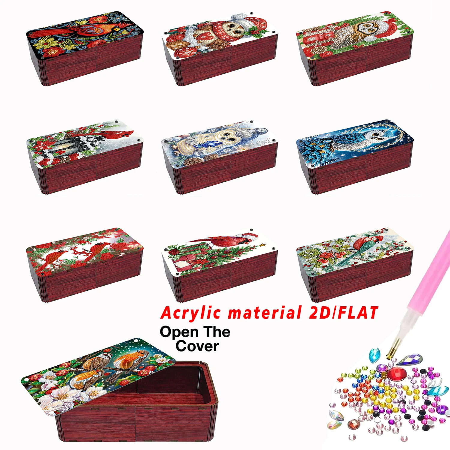 

Набор красных прямоугольных настольных ящиков для хранения с ромбовидной росписью и художественным зимним рождественским кардинальным дизайном совы.