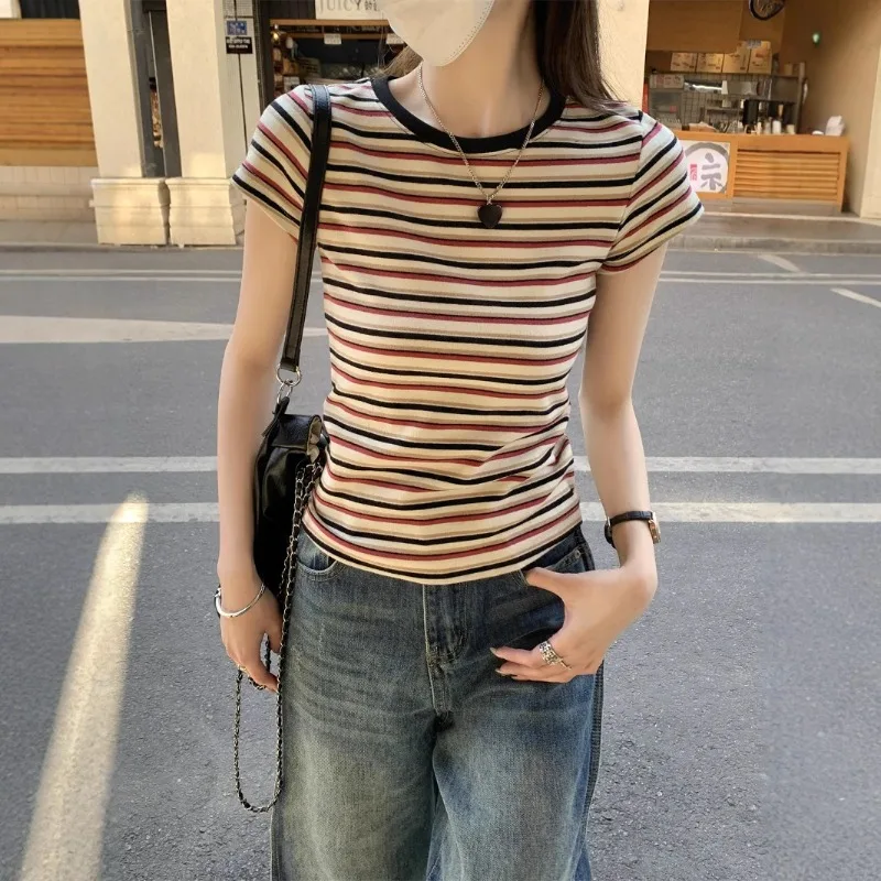 New Student Summer Fitted Striped Short-sleeve T-shirt Women Girl Round-neck Top Ladies Casual T-shirt Lady Sports Base Layer