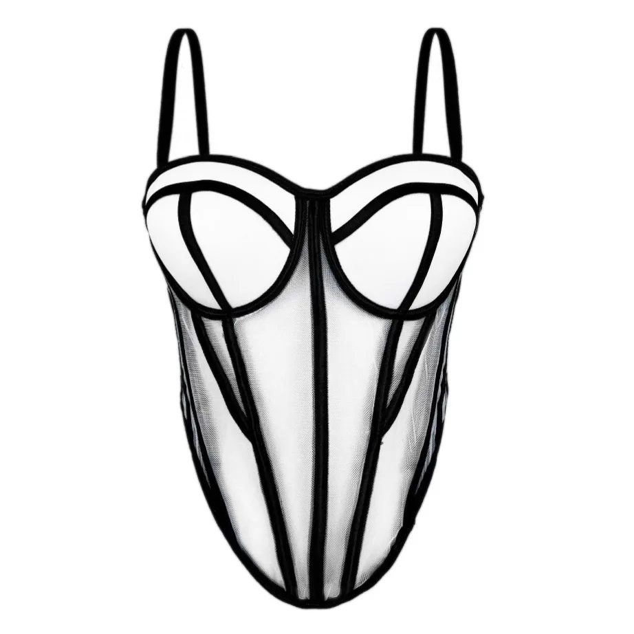 Sexy Mesh Corset Top with Removable Straps Sheer Bustier with Color Blocking Boned Design Slim Fit for Women Lingerie Crop Top