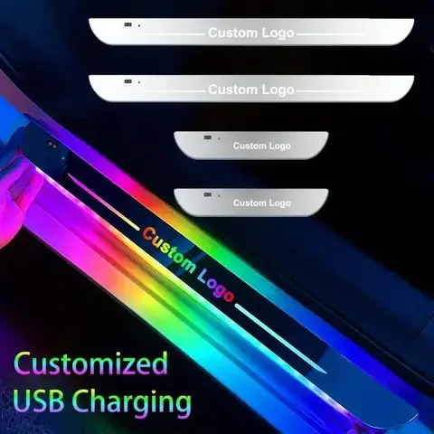 자동차 맞춤형 문짝 조명 씰 라이트 로고 프로젝터 램프, USB 전원 이동 LED 웰컴 페달 스커프 플레이트 페달 라이트, 2 개, 4 개