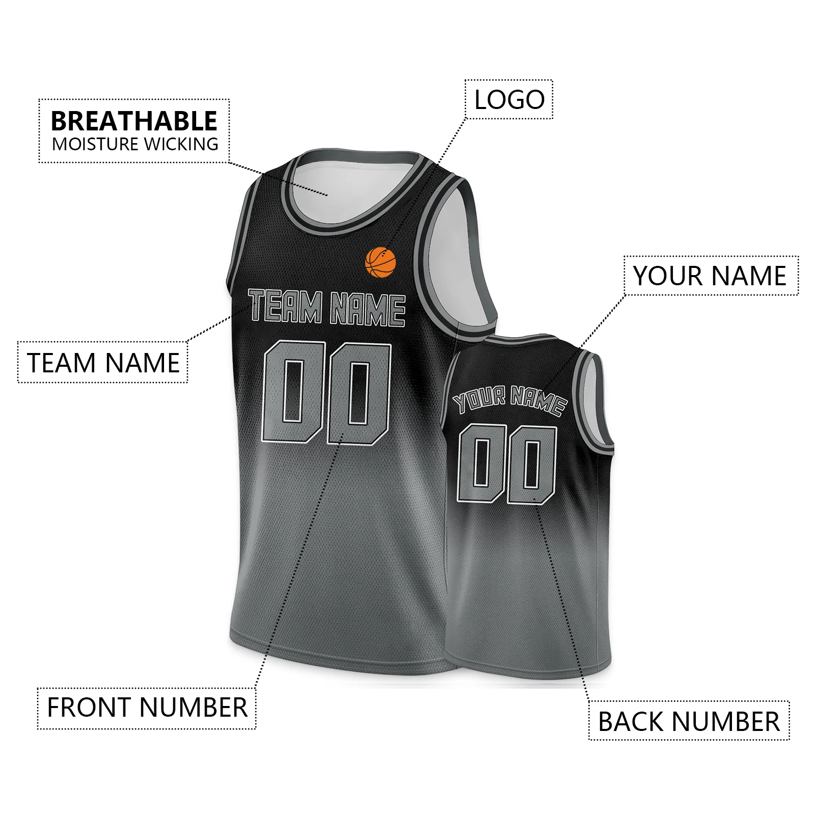 Custom Gray Black Gradient Basketball Jersey Personalized Team Name Number Sports Uniform Hip-Hop Shirt for Men Women Youth Kids