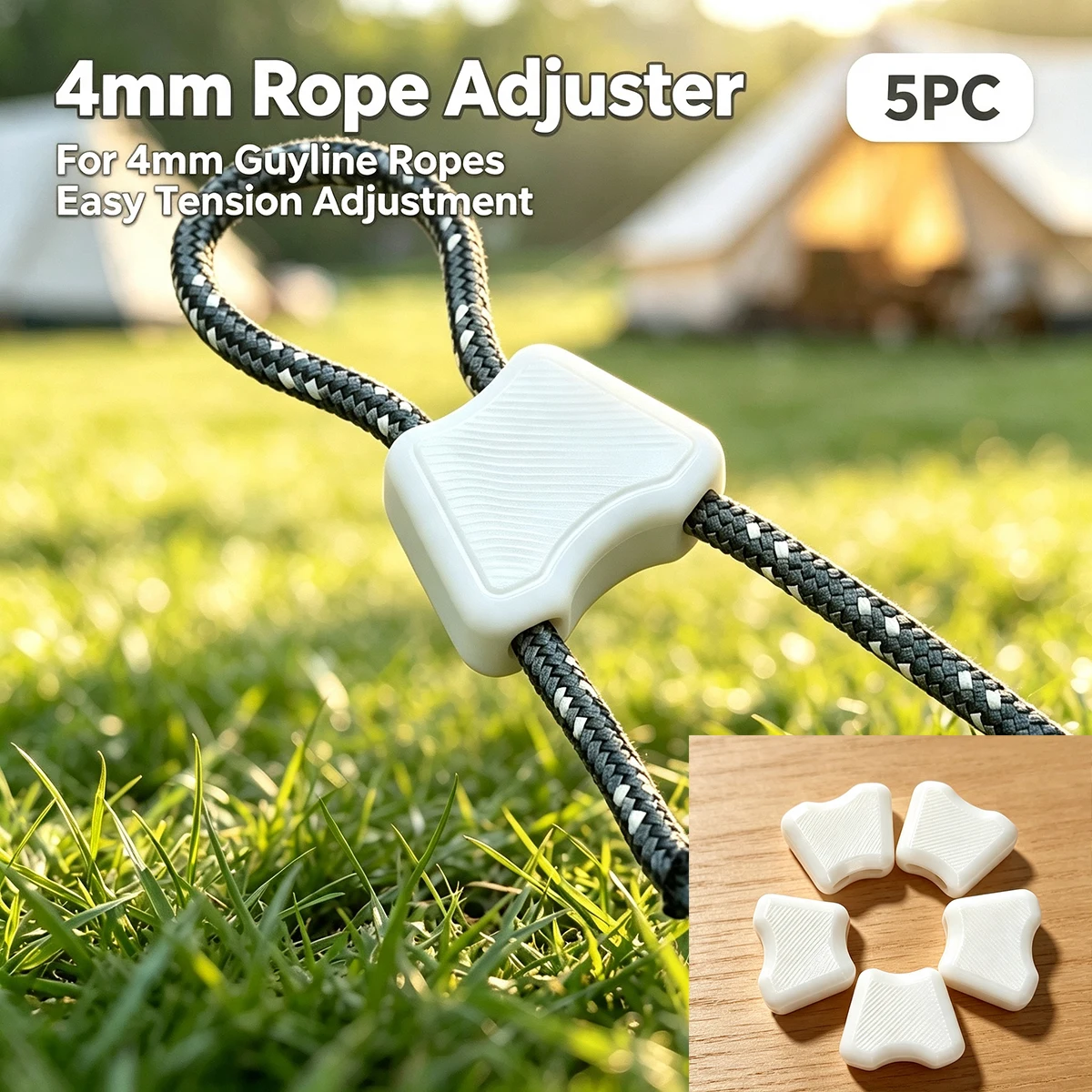 White 5-Piece Camping Wind Rope Buckle, Suitable for 4mm Tent Wind Ropes, Outdoor Canopy Drawstring Quick Tension Adjuster, Knot-Free Windproof Fixing Anti-Slip Buckle Accessories