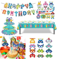 Cartoon Robot Birthday Party Disposable Tableware Tablecloths Hanging Banner Cake Stand Backdrops Decoration Party Supplies