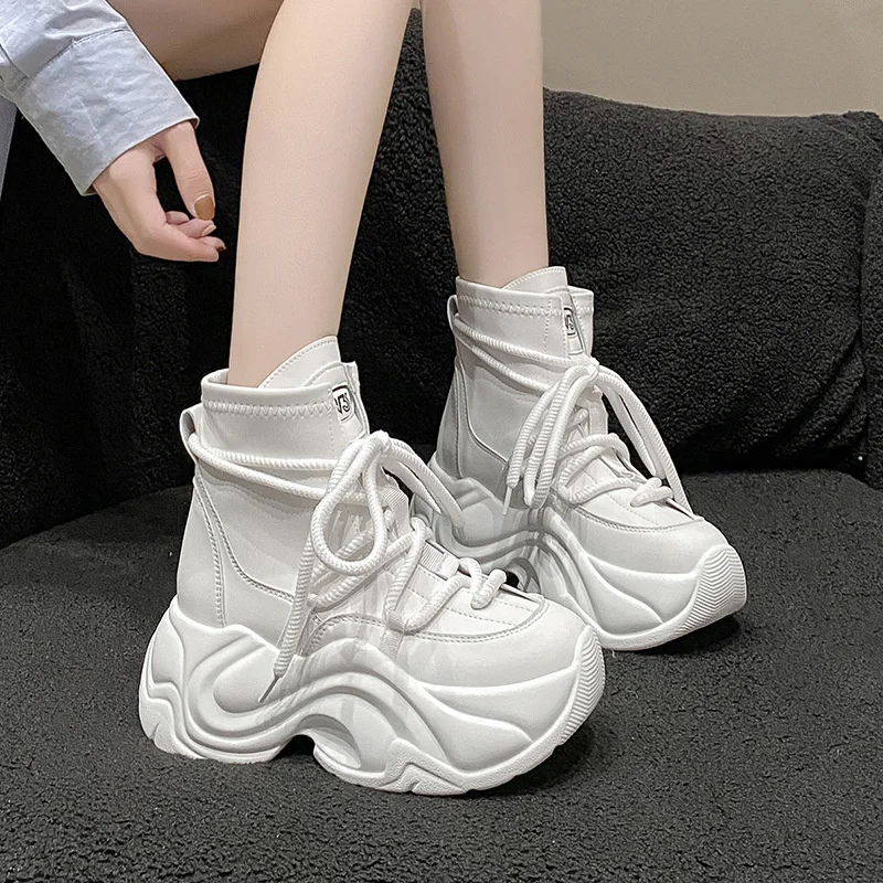 Women's Autumn Winter Ankle Leather Boots High Heel Motorcycle Boots Women's Thick Sole High Platform Combat Casual Shoes