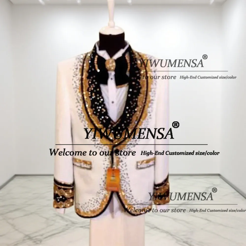 

Luxury Groom Wedding Suits For Men Sparkly Crystals Beaded Stones Prom Blazers Customized 3 Pieces Sets Costume Homme Man Dress