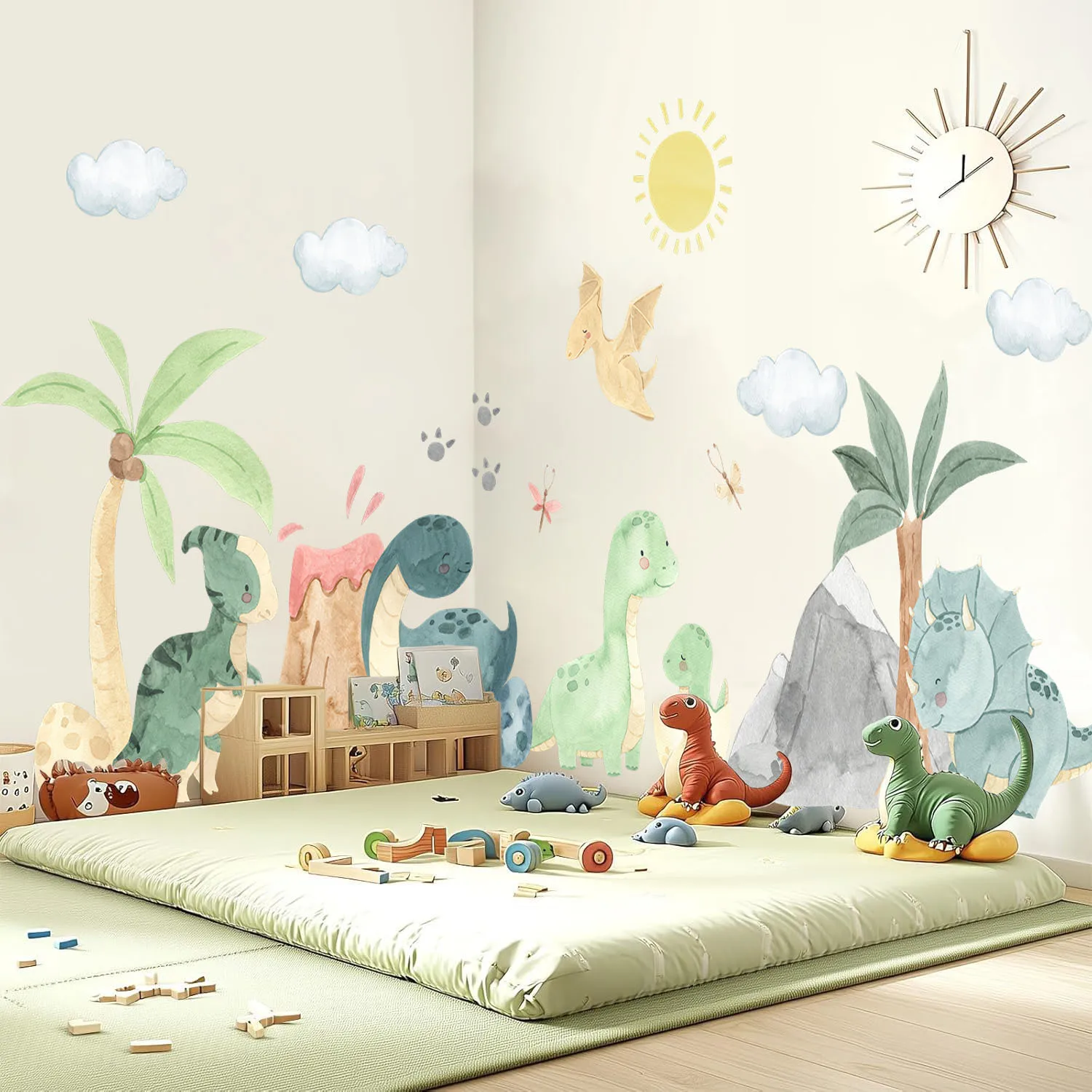 Autocollants muraux Dinosaure de dessin animé, Volcan, Palmier pour Chambre, Salon, Décoration Murale Dino, Animaux de la Jungle, Forêt, Salle de Jeux, Décoration Intérieure