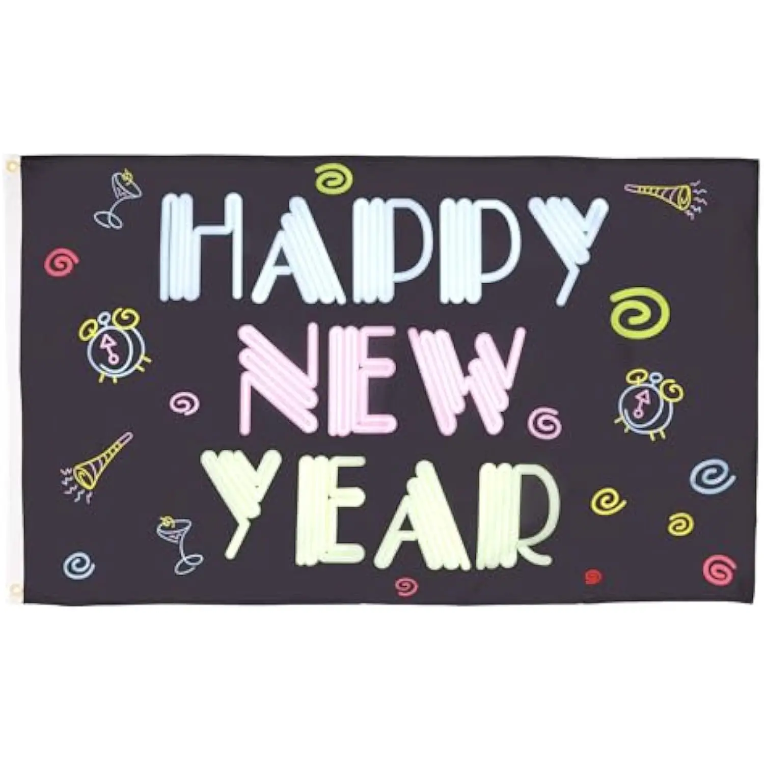 Neon Happy New Year Flag 3x5FT 4x6FT Vivid Colors Polyester Party Banner with Metal Grommets