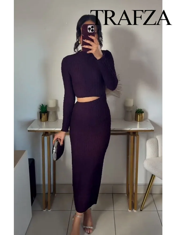 TRAFZA Women New Fashion Texture Crop Hollow Midi Dresses Female Spring Solid O-Neck Long Sleeves Elasticity Slim Dress Mujer