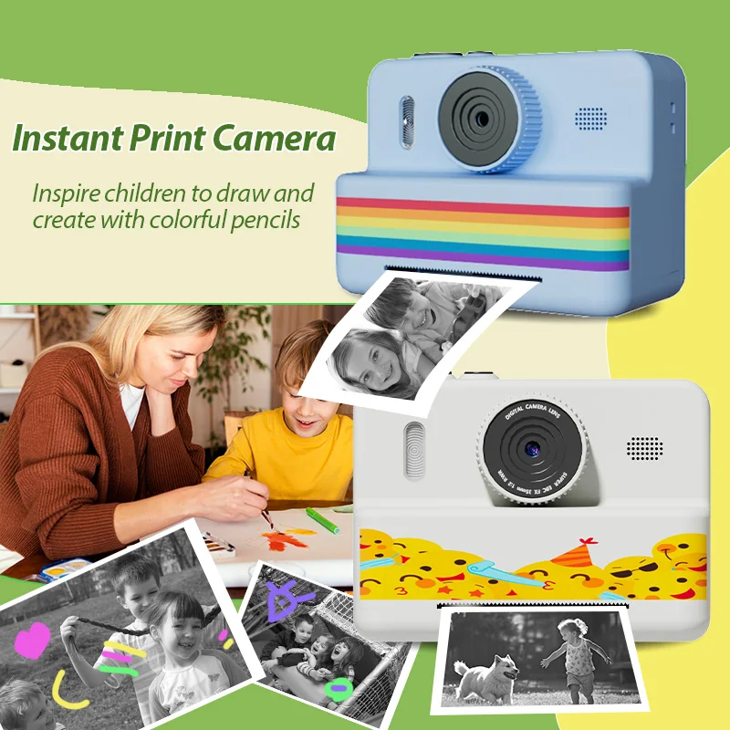 kids instant camera with 3 rolls thermal paper photo&video& game USB charge Dual camera 1080P screen, Perfect gift for children
