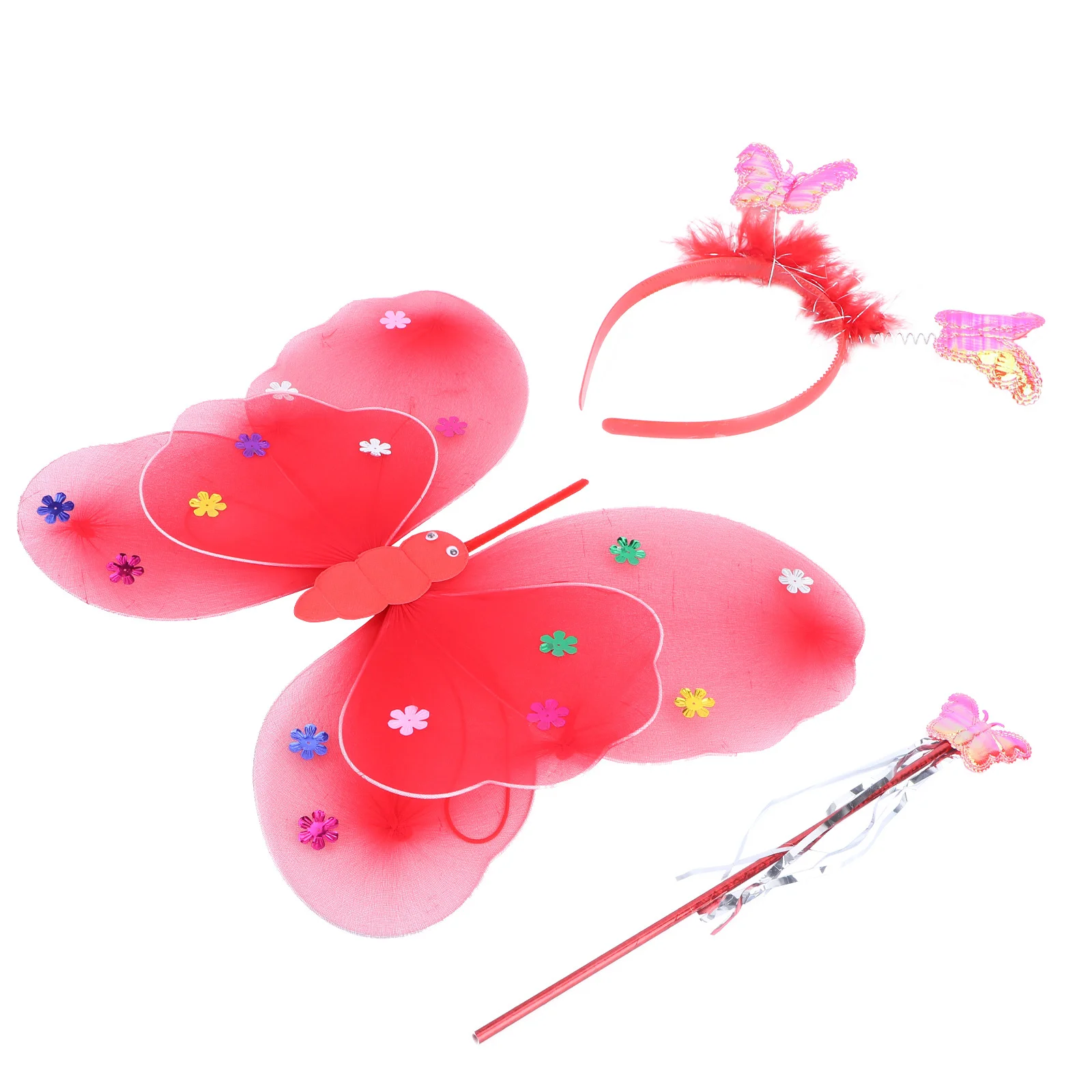 3 pièces LED éclairer ailes de fée rouge Double couche bretelles élastiques bandeau baguette ensemble filles Costume fête habiller ensemble de fée