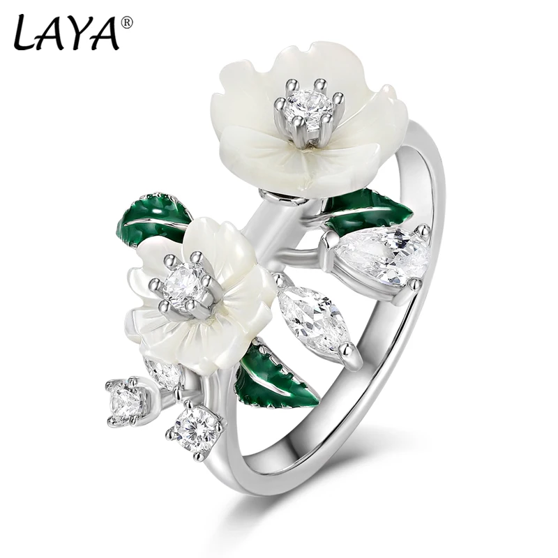 Laya pierścień dla kobiet wysokiej jakości cyrkonia naturalne powłoki kwiat zielony liść emalia 925 Sterling Silver moda oryginalna biżuteria