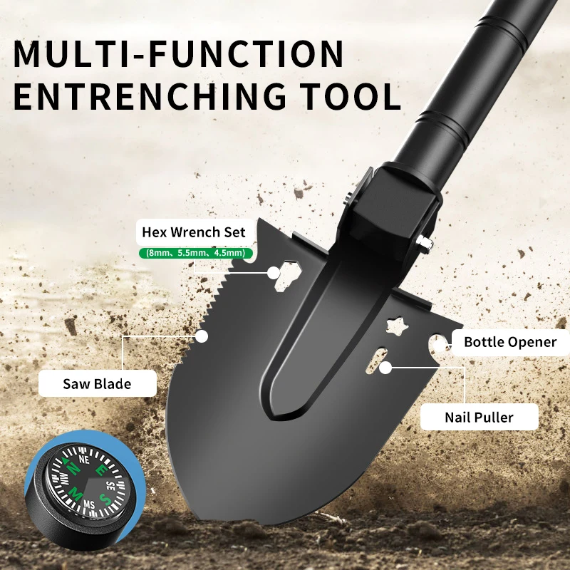 

Multifunctional Folding Shovel Survival Tool with Compass Saw Wrench Opener Portable Camping Tactical Entrenching Spade Gear