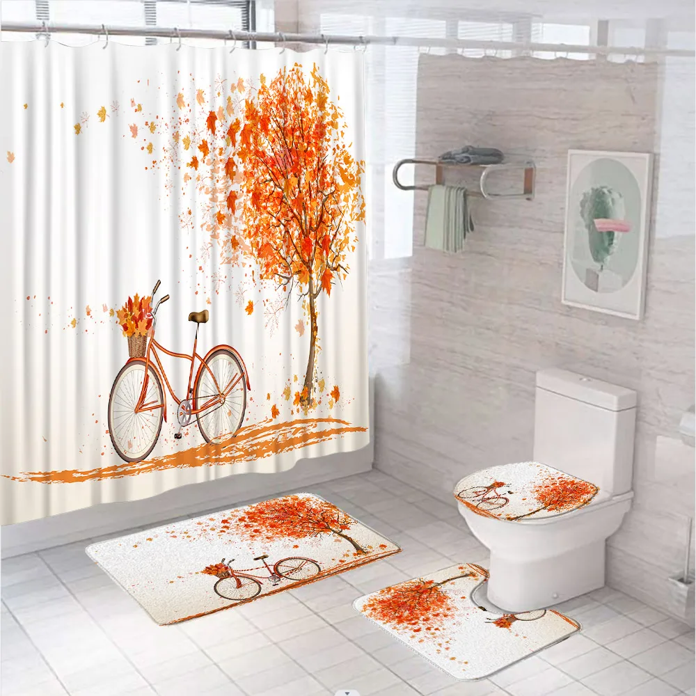 

4Pcs Fall Shower Curtain Set Non-Slip Rugs Toilet Lid Cover Bath Mats Thanksgiving Bicycle Orange Maple Leaves Bathroom Curtains