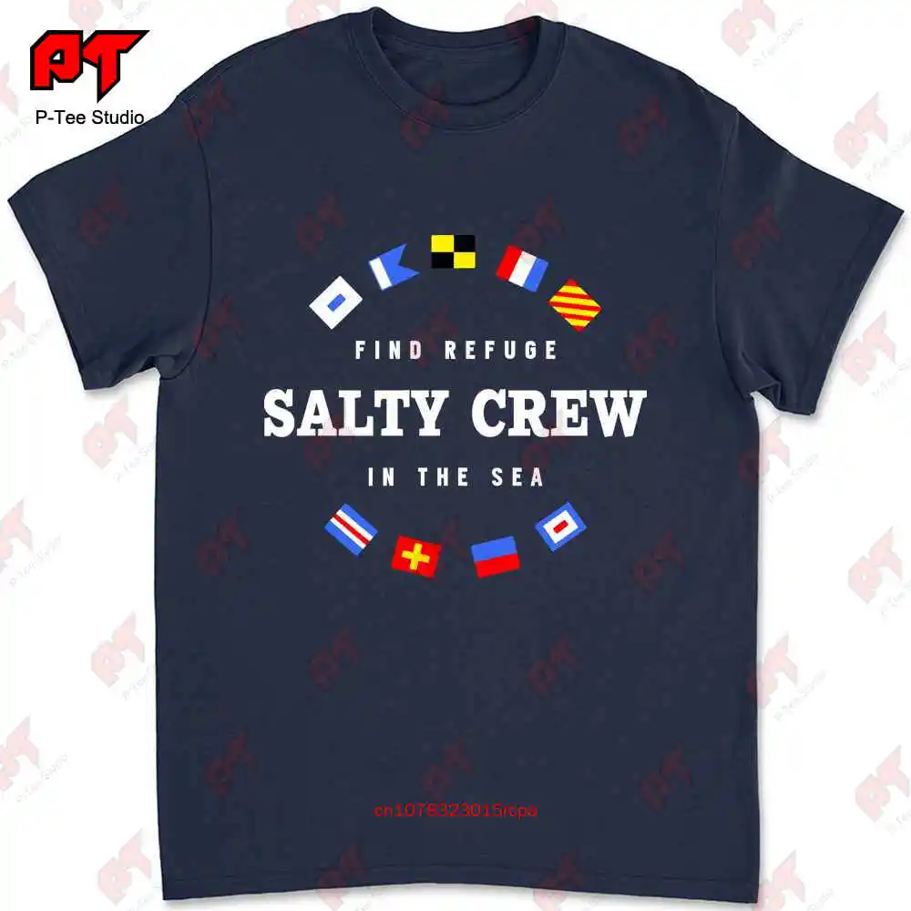 Salty Crew Men'S Gray T Shirt Size Large Find Refuge In The Sea Nautical Flags T0N5