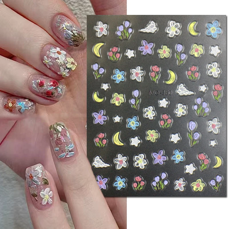 

5d Emboss Nail Art Stickers Oil Painting Petals Flowers Stars Moons Adhesive Sliders Nail Decals For Manicure Tips Accessories