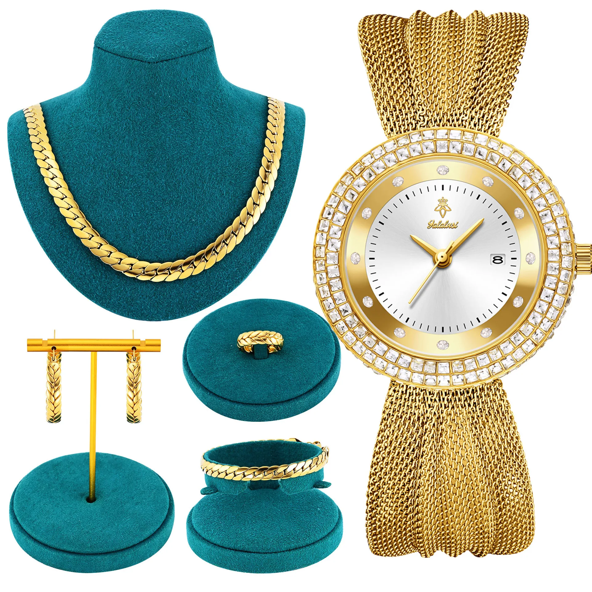 Gold Jewelry Set Necklace Earrings Ring And Watch A Complete Set Of Luxurious Gold Jewelry. High-End Luxury Women'S Wristwatch.
