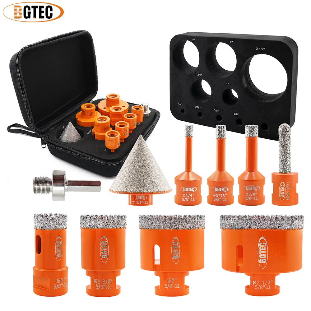 

BGTEC EVA Kit 10pcs 6/8/10/25/35/50/65mm 5/8 Diamond Drill Bit+10mm Grinding Rod Arc+2" Chamfer+HEX Porcelain Granite Marble