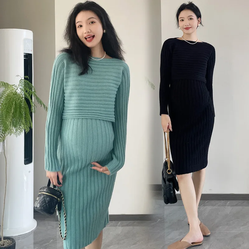 

Maternity 2 Piece Set Autumn Winter Women Sleeveless Maternity Sweater Dress Long Sleeve Crop Top Sweater Knitted Pregnant Suit