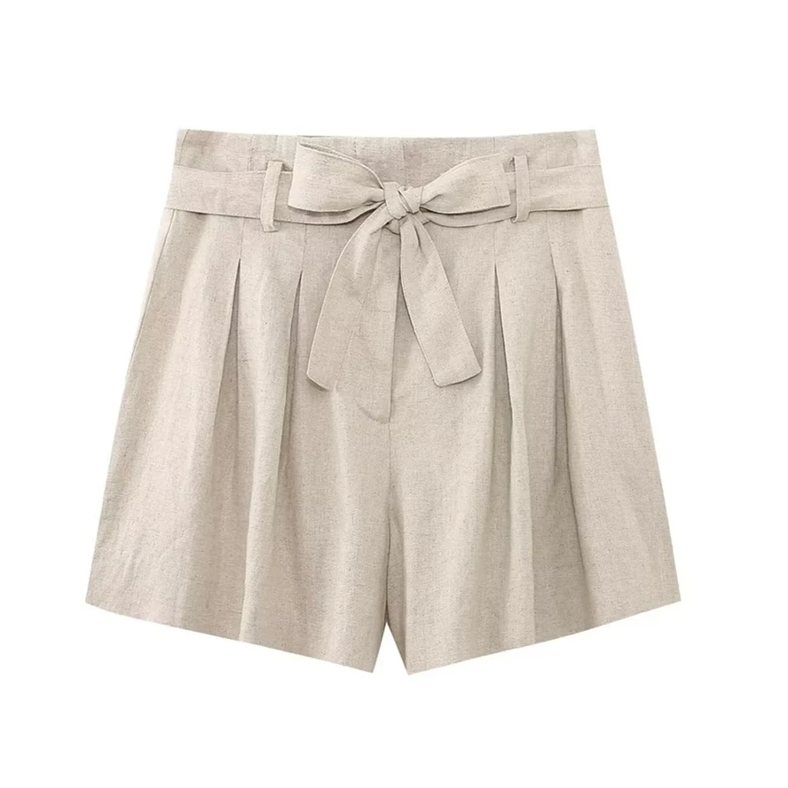 Jenny & Emily-Bermudas holgadas con cinturón para mujer, pantalones cortos de lino Beige, estilo Country francés