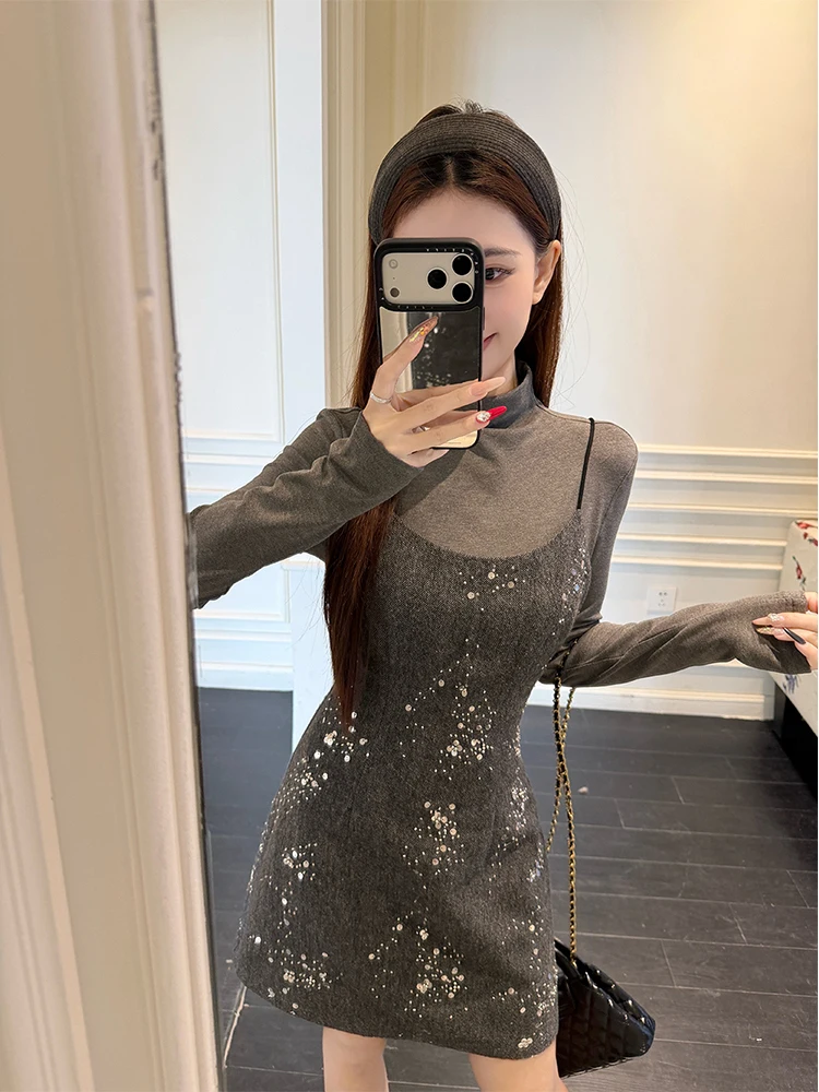 Ele ey High Collar Base T-irt Women's Winter New Sparkling Waist Cinch ter Dr Two Piece Set Faionable Ensemble