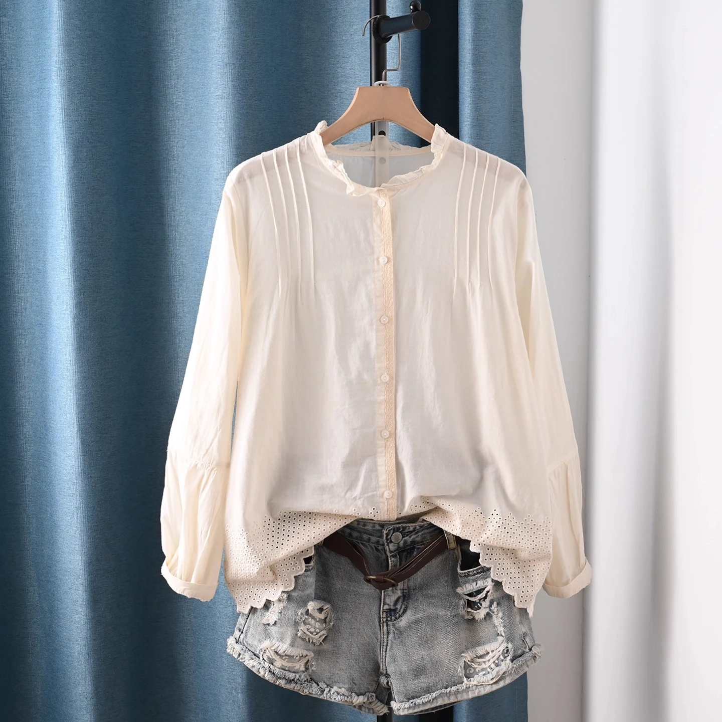 

Enianechu Ladies Clothes 100% Cotton Women's Long Sleeve Top Elegant Stand Collar White Beige Pleated Shirts and Blouses