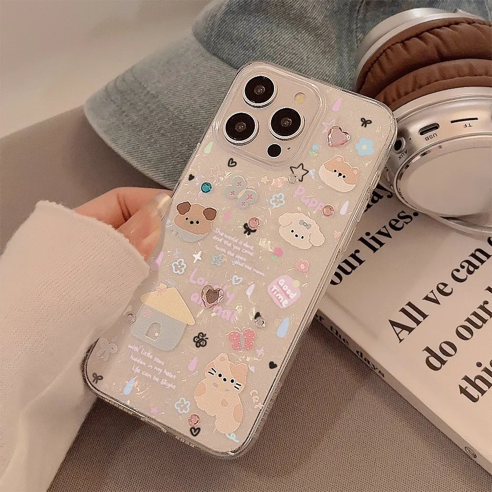 Funda de teléfono con patrón de concha de cachorro de dibujos animados para iPhone 11 12 13 14 15 16 Pro Max XR X XS 7 8 cubierta transparente de diamante 3D a prueba de golpes