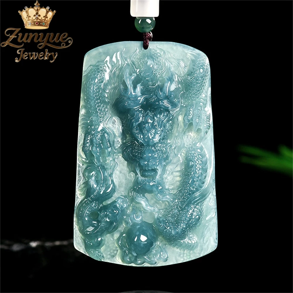 

Natural A-Grade Jadeite Blue Water Dragon Brand Grand Zodiac Dragon Pendant Luxury Quality Jewelry Charms Exquisite Elegant Gift