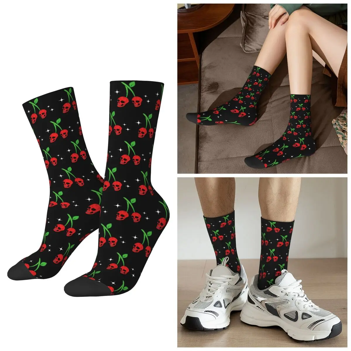 

All Seasons Gothic Black Red Cherry Skull Halloween Socks Harajuku Crew Socks Sweat Absorbing Stockings for Men Women Gifts