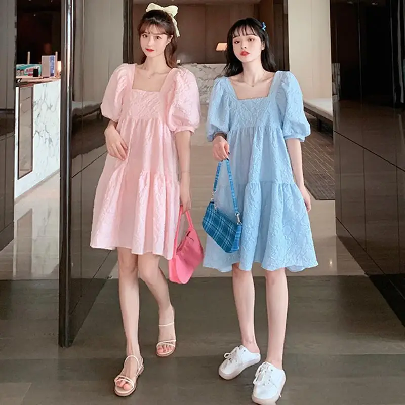 Summer New French Sweet Square Neck Puff Sleeves A-line High Waist Shows Thin Loose Girlfriend Dress Dress Women