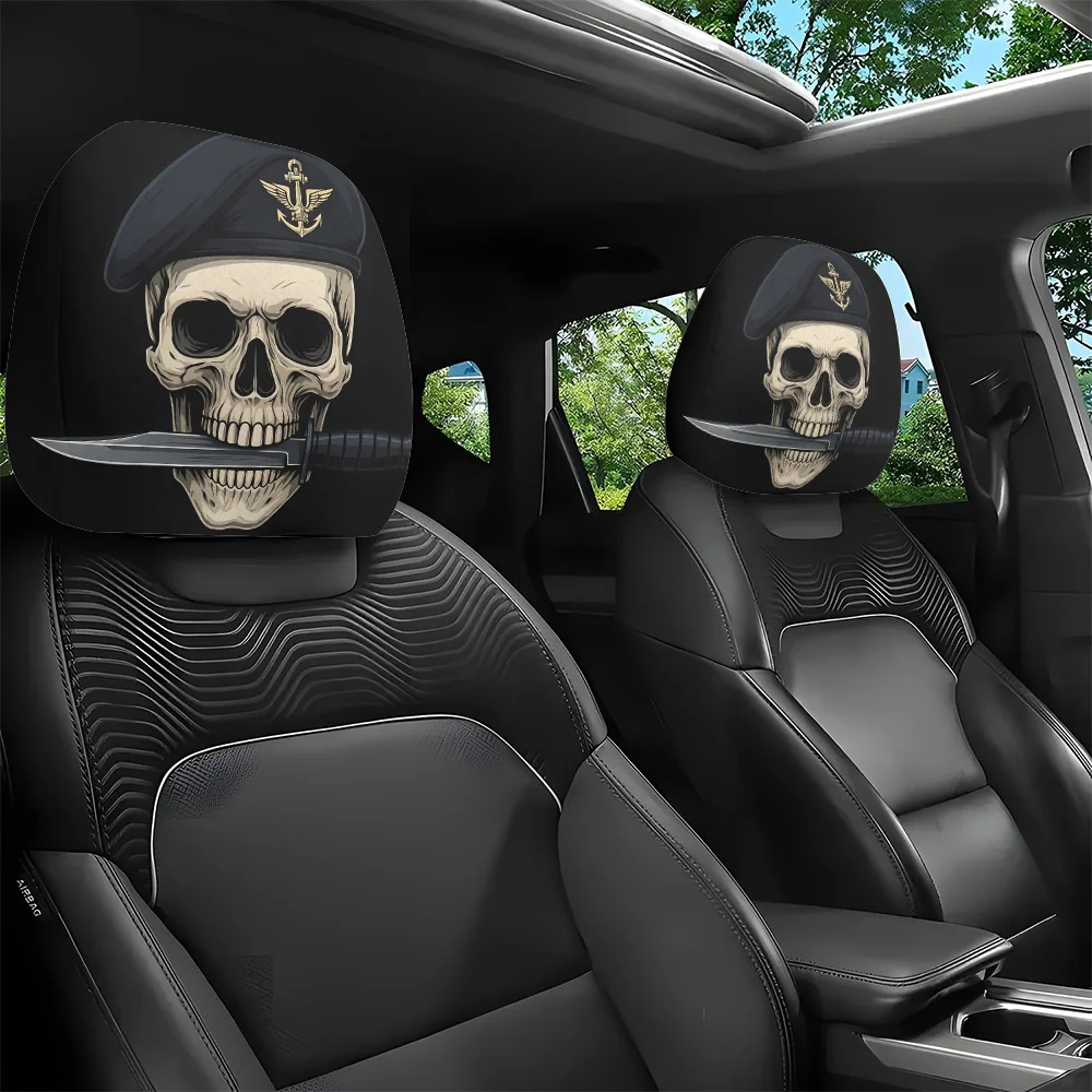 2pcs Navy Skull Knife Print Car Headrest Covers, All-Season Use, Durable & Easy to Fit, Funny Cute Styles for Car Interior Decor