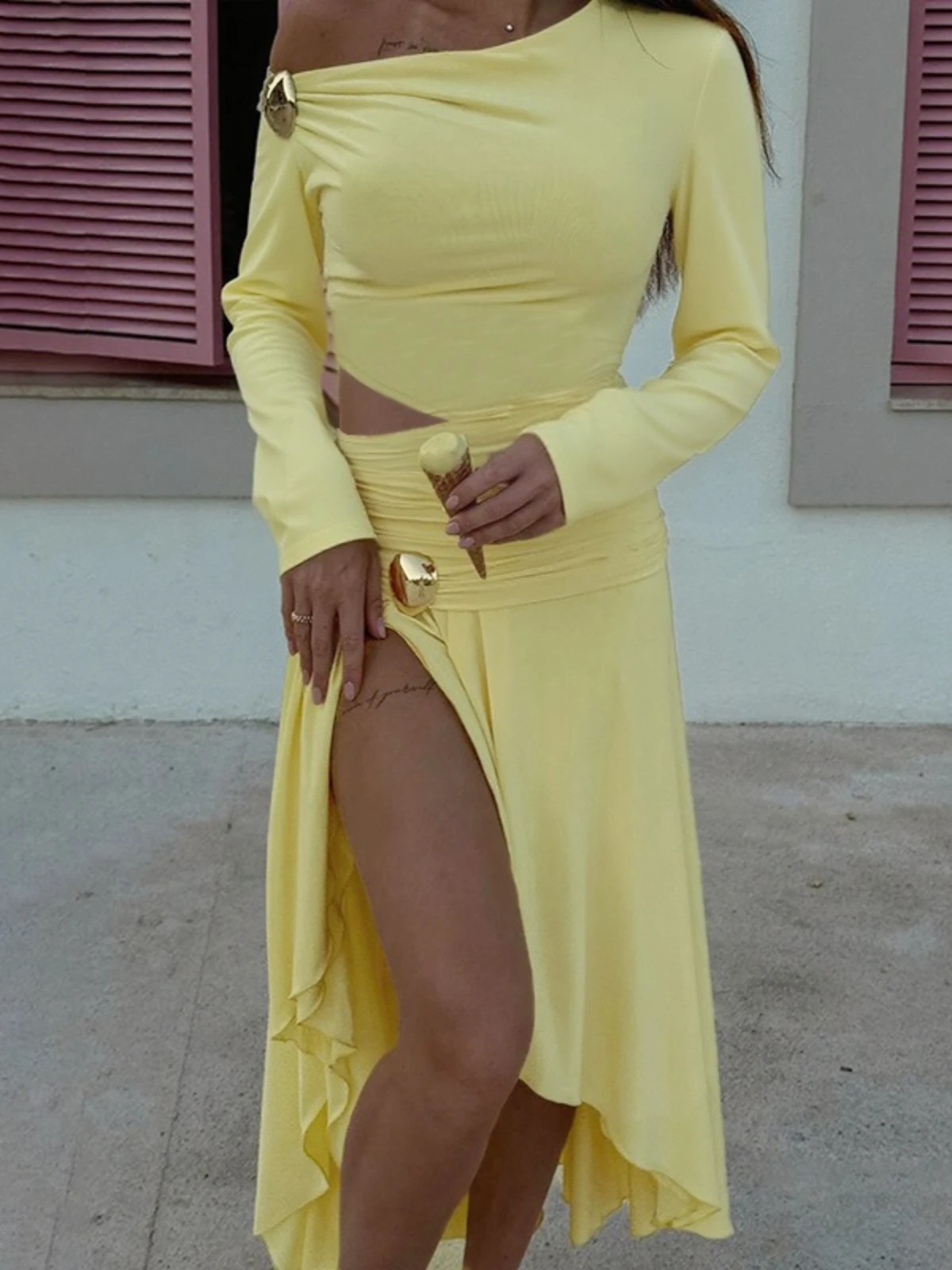 SsTss Women Fashion Solid Long Sleeve Irregular Dress Sexy One Shoulder Cutout Waist Slim High Split Elegant Party Dress Outfits