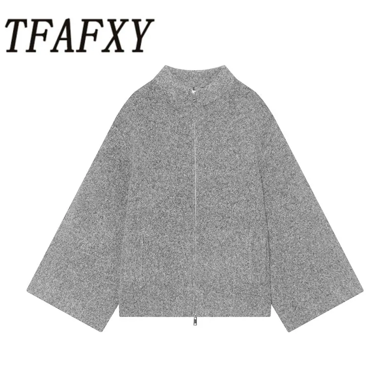 TFAFXY 2026 Autumn Knitted Cardigans For Women Warm Wide Sleeves Zipper Sweater Coat Loose Long Sleeve Coat