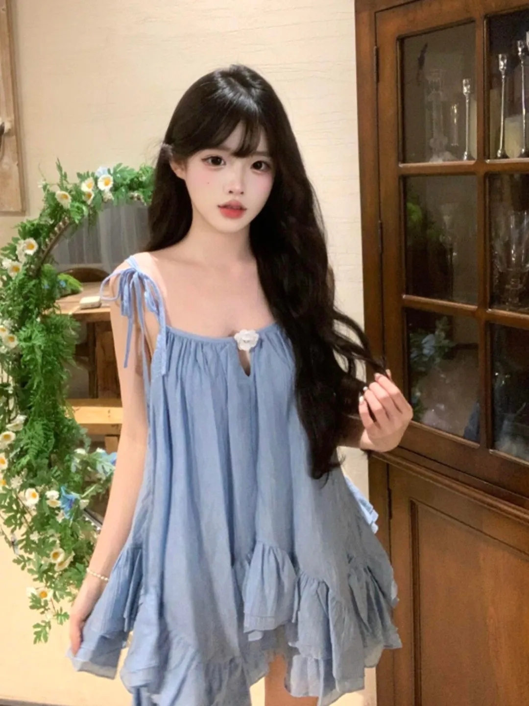 

Summer Youthful Half-Skirt Set Irregular Strapless Two-Piece Ensemble Comfortable V-Neck Cotton Material Fashionable Outfit
