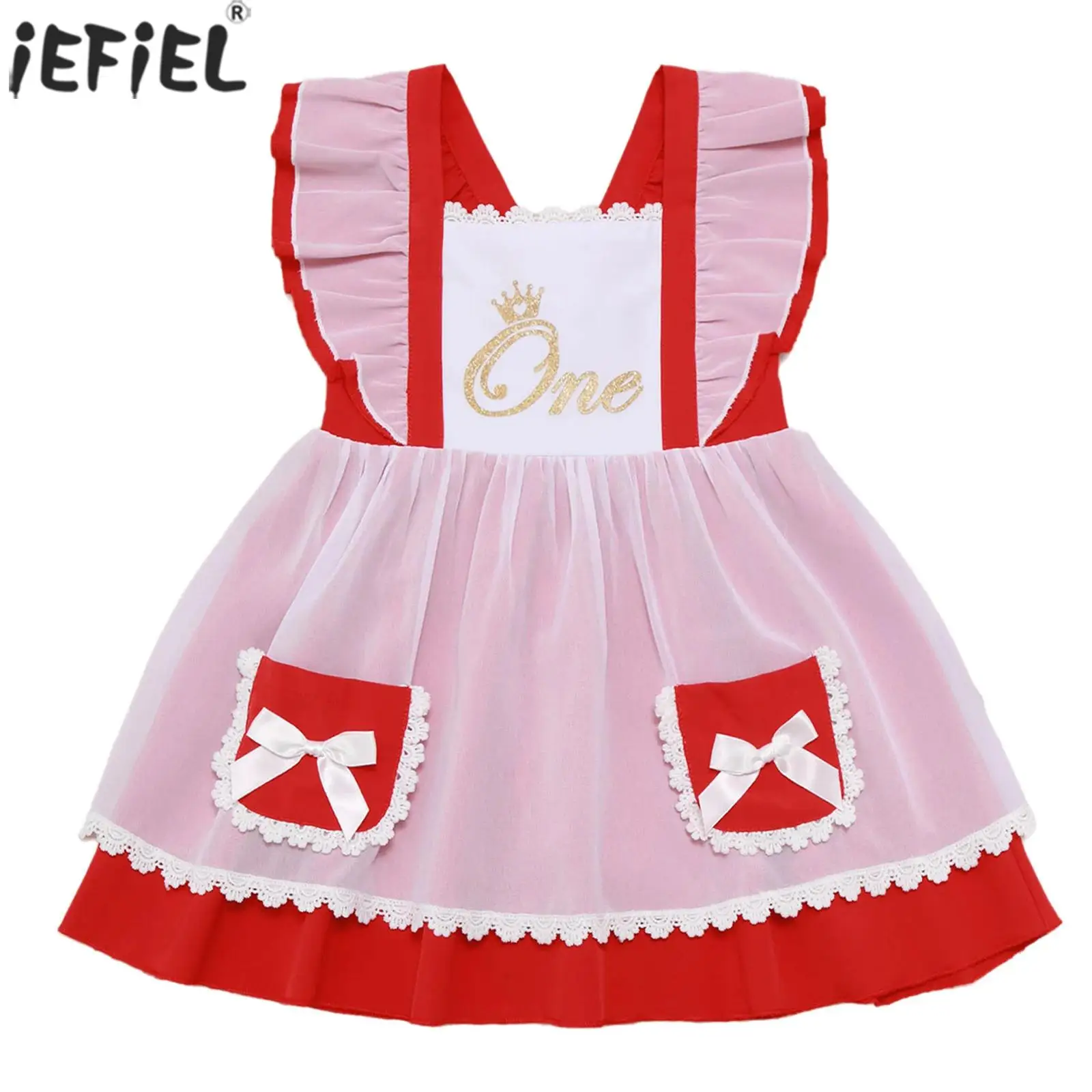 

Baby Girls 1st Birthday Outfits Fly Sleeve Cute Bowknot Pocket Lace Letter Printed Dress Summer Clothes for Party Photoshoots