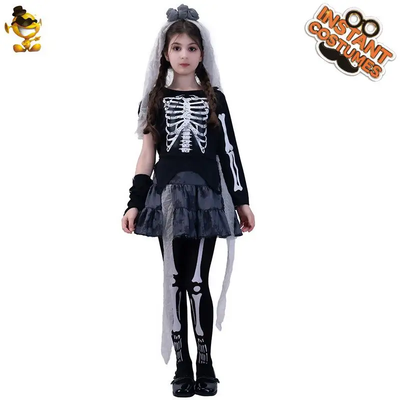 Disfraz de Esqueleto para Niña, Falda, Maquillaje, Fiesta, Actuación, Espectáculo, Ropa Infantil, Vestido Étnico