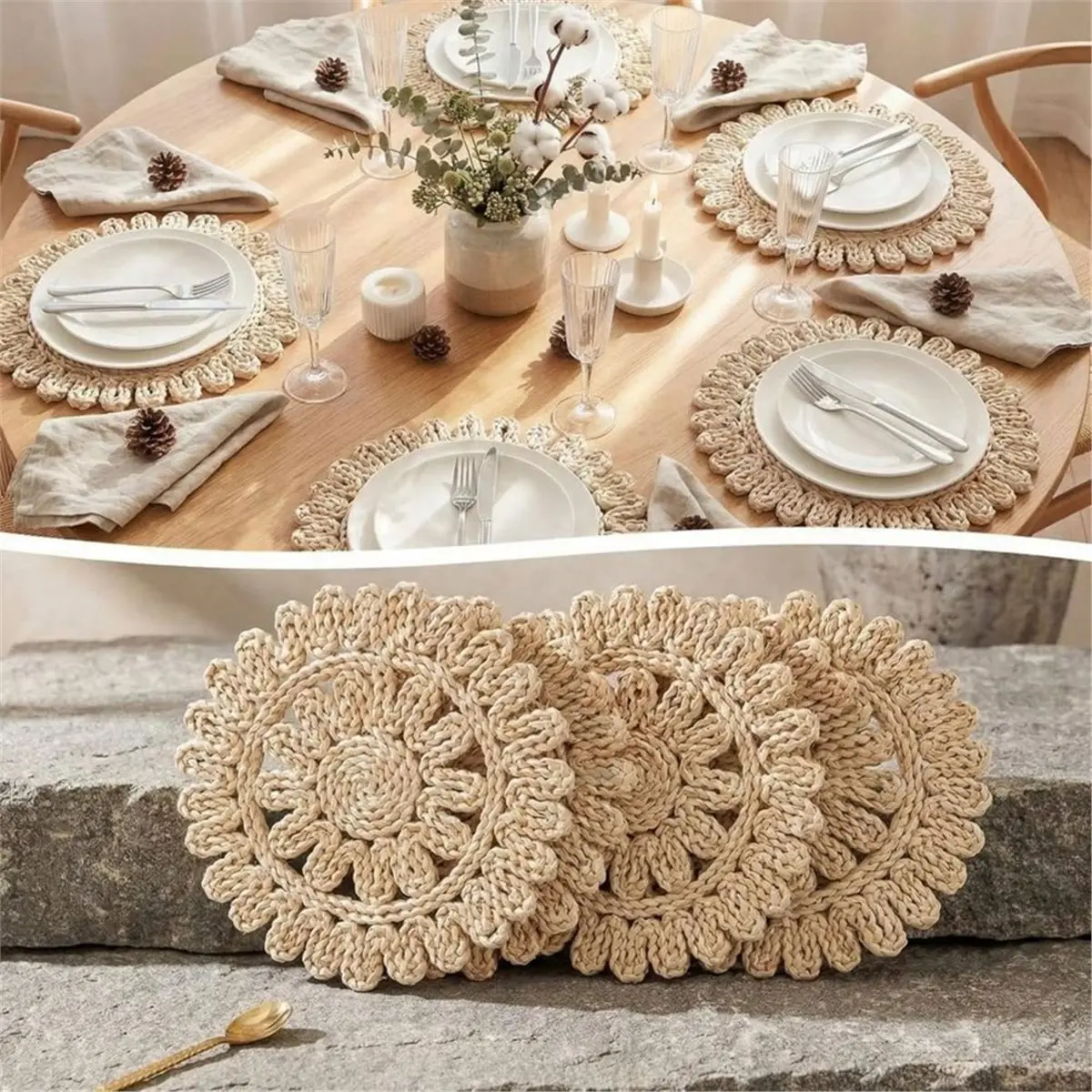 Set of 6 Ruffled Woven Corn Husk Placemats 13.8'' Boho Farmhouse Placemats for Tabletop Decor Elegant Dining Wedding