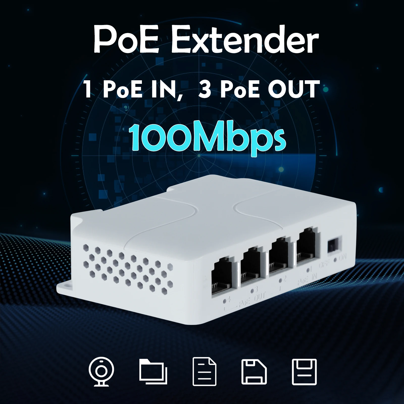 AZISHN 1 to 3 Port PoE Ethernet PoE Repeater ports Fast IEEE802.3af/at 10/100M power port output for POE Switch NVR IP Camera