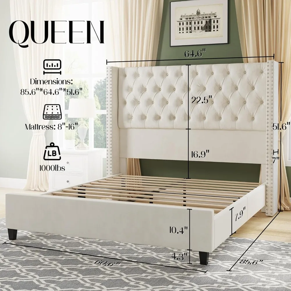 Queen Size Velvet Upholstered Platform Bed Frame with Tall 51.6