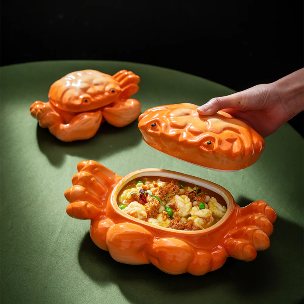 Cuenco de cerámica creativo con tapa con forma de cangrejo, contenedor de comida para el hogar, arroz, verduras, tazones para sopa, suministros de cocina