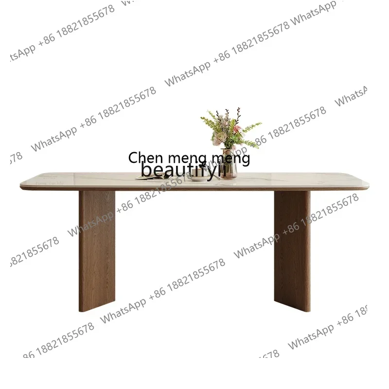 ss7486 SSFrench cream solid wood rock slab dining table and chair combination retro black walnut rectangular tableNew Light Luxu