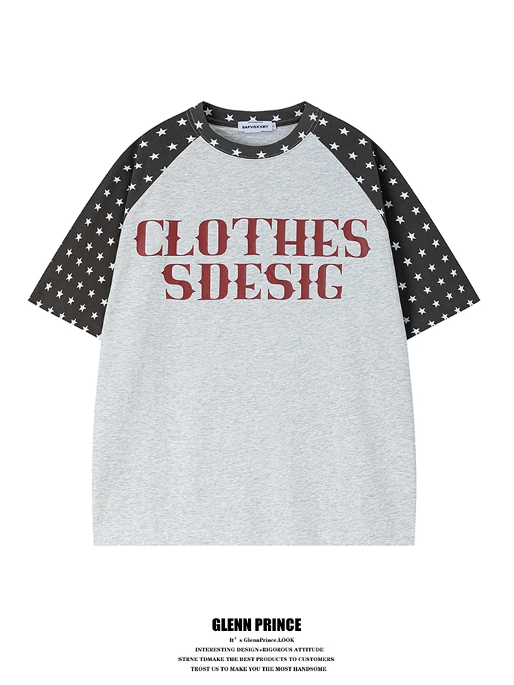 

American Retro Letter Print Color Block Star Short Sleeve Men's T-Shirt Summer Design Couple's Cotton Breathable round Neck