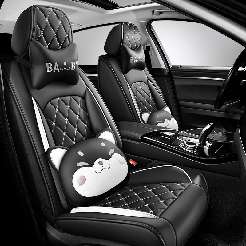 Cartoon Cat Car Seat Covers Luxury PU Leather Universal Auto Front & Rear Seat Protector Sedan SUV 5 Seats Full Set Universal Fi