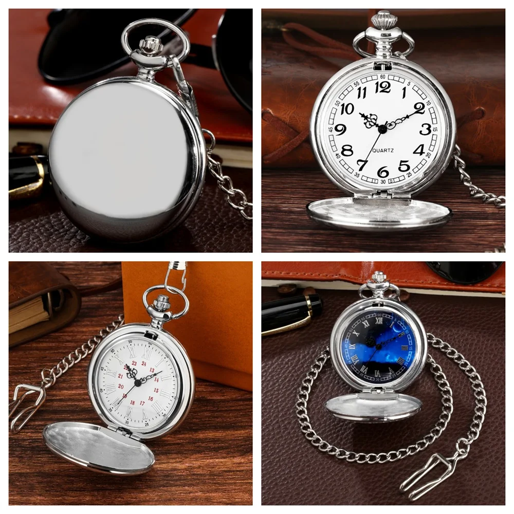 Polishing Silver Alloy Metal Quartz Analog Pocket Watch with Chain Arabic/Roman Numeral Dial Vintage Pendant Pocket Clock Gift