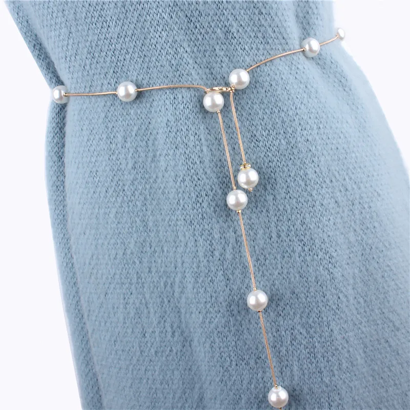 

Fashion Elegant Gold Metal Waist Chain Pearl Belts for Women Hip High Vintage Slim Waistband Wedding Accessories Designer Belt