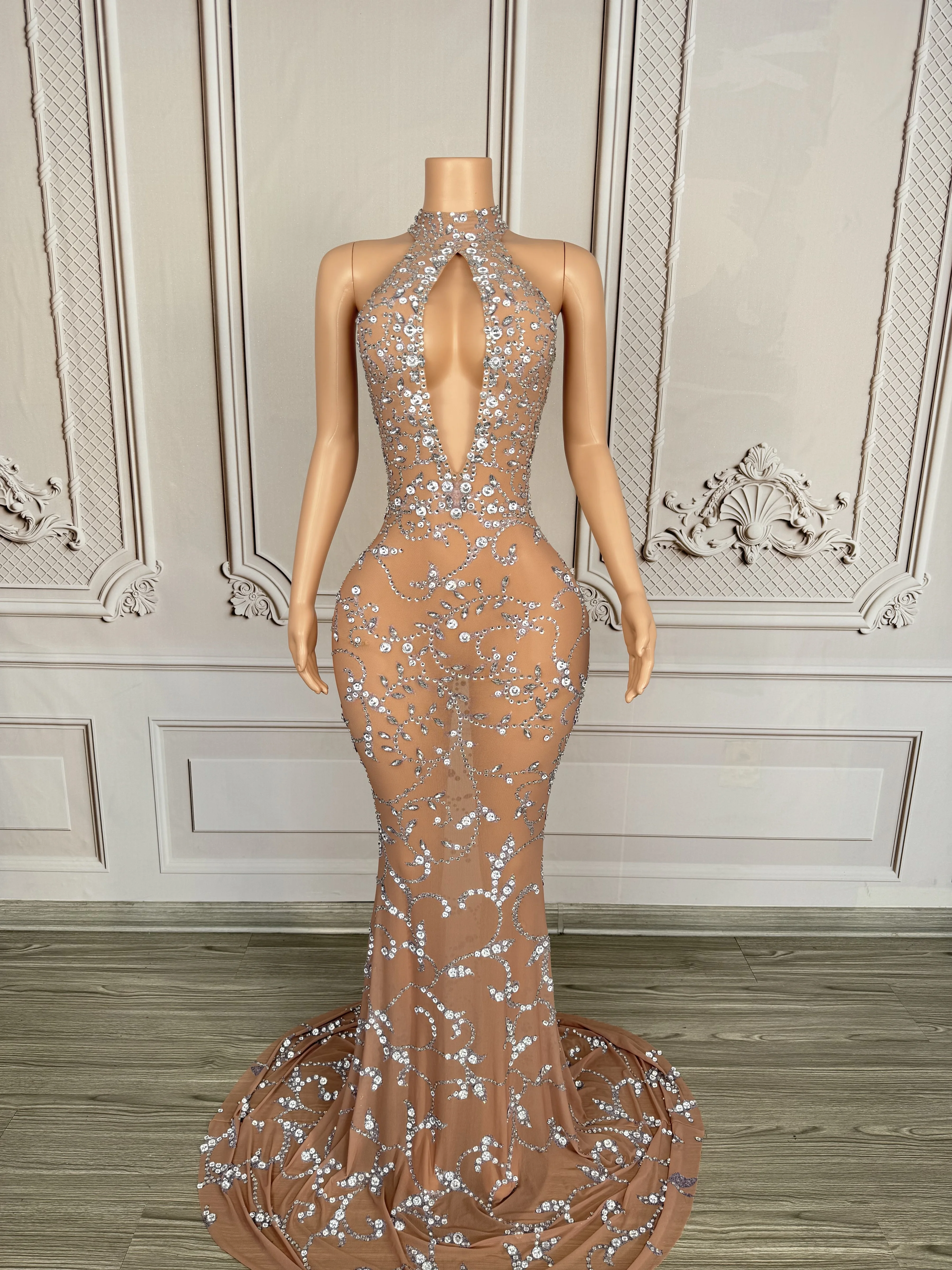 Women Sexy Hollow Out See Through Sheath Fishtail Luxury Diamond Long Dress Evening Party Club Performance Nightclub Stage Wear